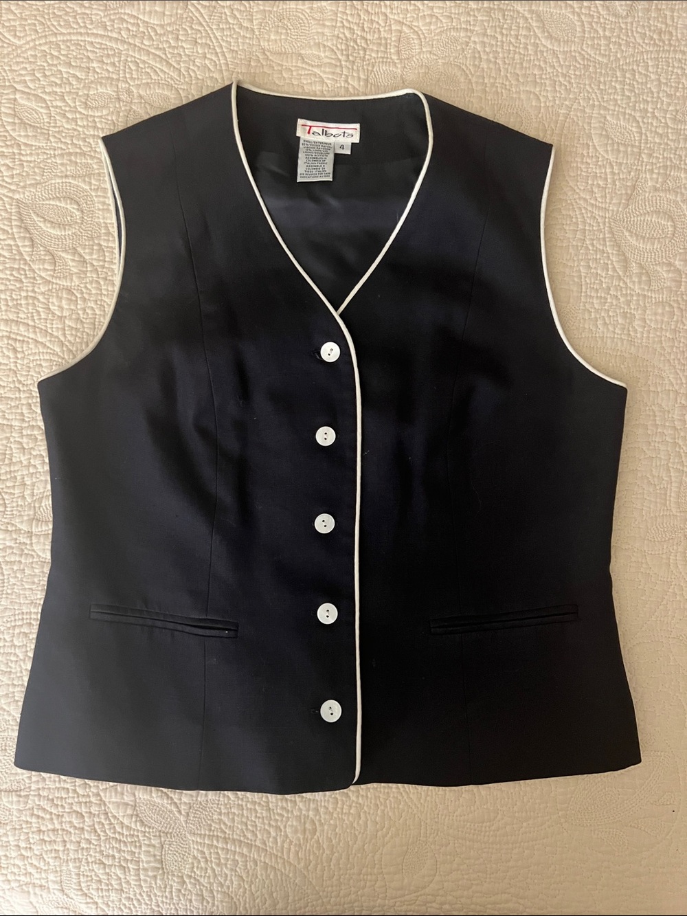 Talbots Navy Button-Front Vest with White Piping, Linen texture
